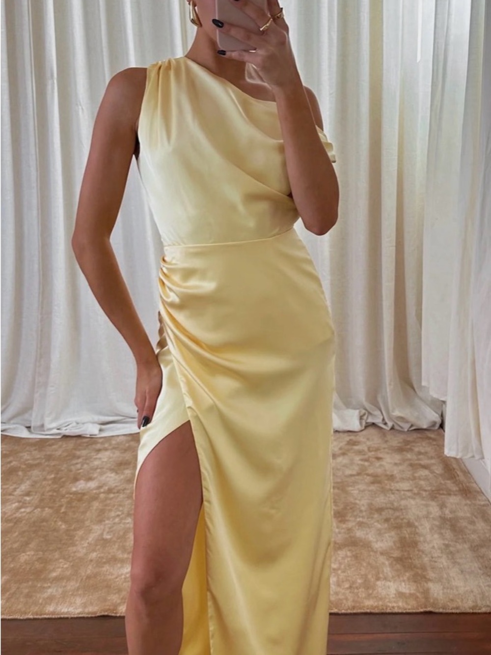Show Me Your MuMu One-Shoulder Satin Gown in Lemon